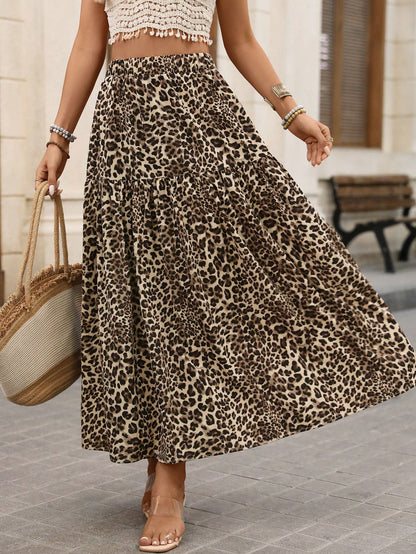 VCAY Women's Leopard Print Pleated A-Line Skirt BOHO Elastic High Waist Flowy Casual Beach Vacation Vacation Vacation Vacation Outfits Beige Autumn