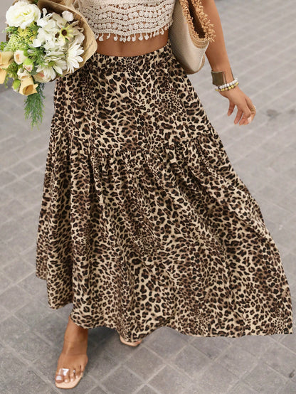 VCAY Women's Leopard Print Pleated A-Line Skirt BOHO Elastic High Waist Flowy Casual Beach Vacation Vacation Vacation Vacation Outfits Beige Autumn