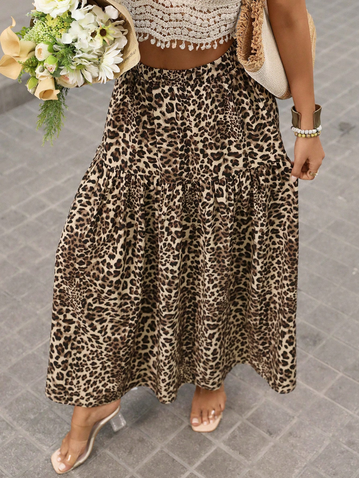 VCAY Women's Leopard Print Pleated A-Line Skirt BOHO Elastic High Waist Flowy Casual Beach Vacation Vacation Vacation Vacation Outfits Beige Autumn