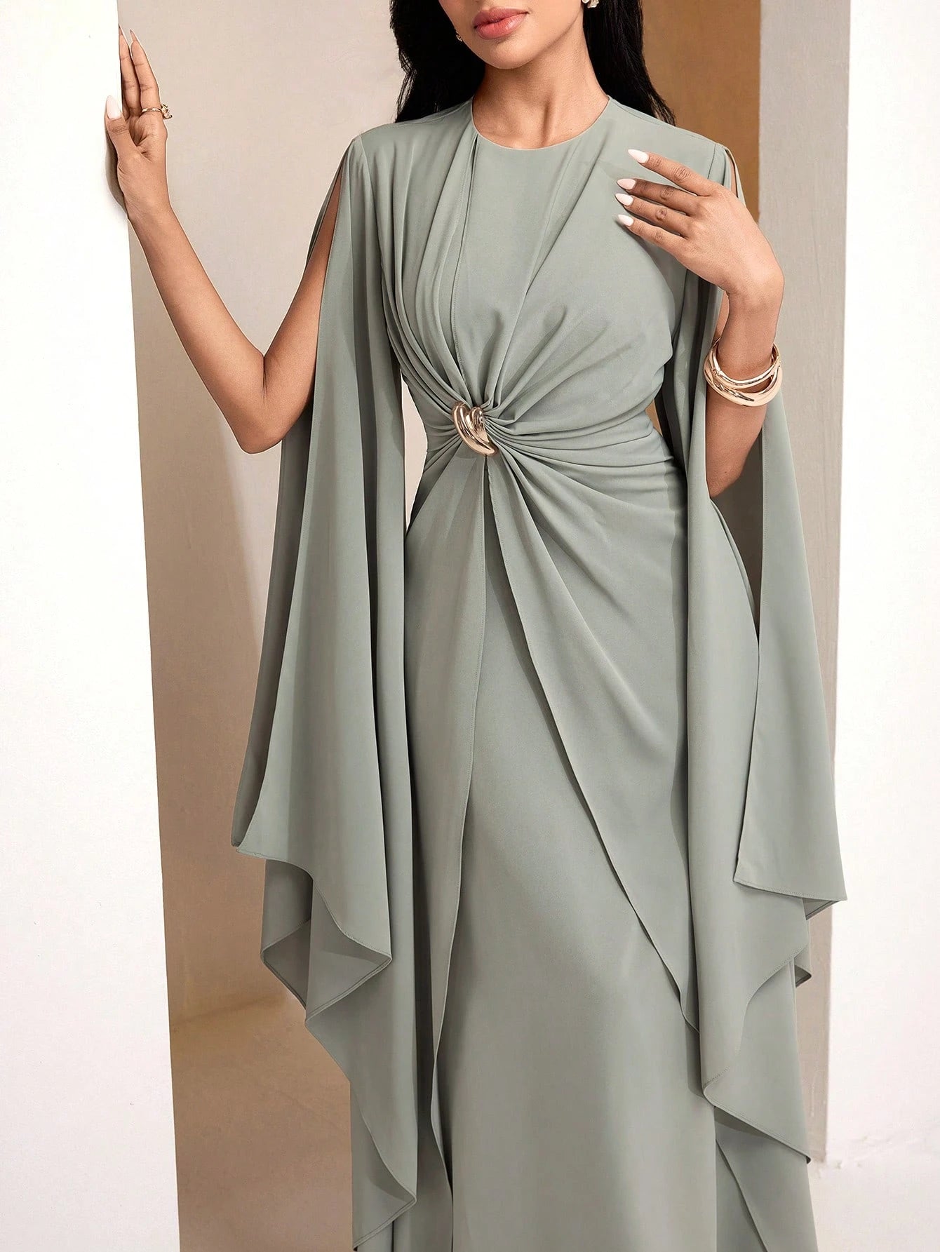 Veilorie Twist, Pleated, Decorated Button, Waist Cinched Elegant Autumn Dress Dinner Sage Green