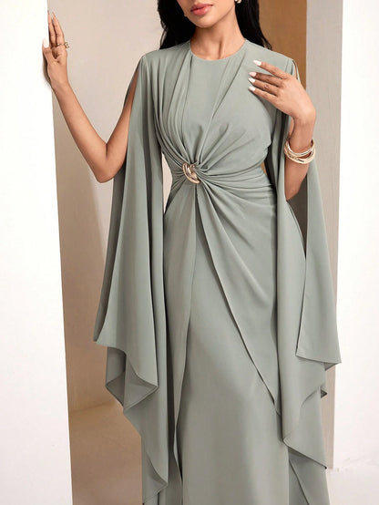 Veilorie Twist, Pleated, Decorated Button, Waist Cinched Elegant Autumn Dress Dinner Sage Green