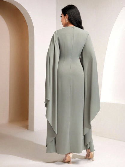 Veilorie Twist, Pleated, Decorated Button, Waist Cinched Elegant Autumn Dress Dinner Sage Green