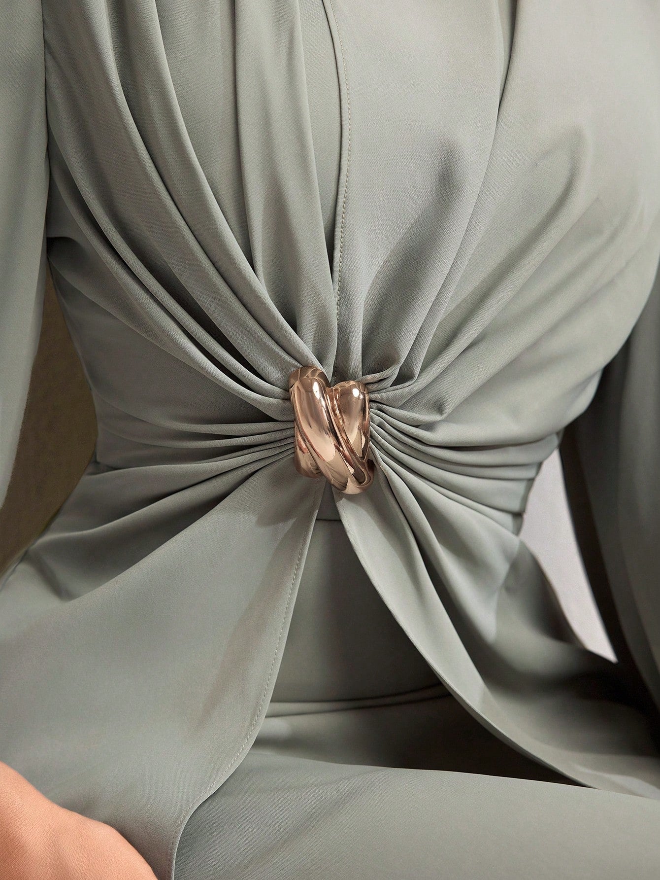 Veilorie Twist, Pleated, Decorated Button, Waist Cinched Elegant Autumn Dress Dinner Sage Green