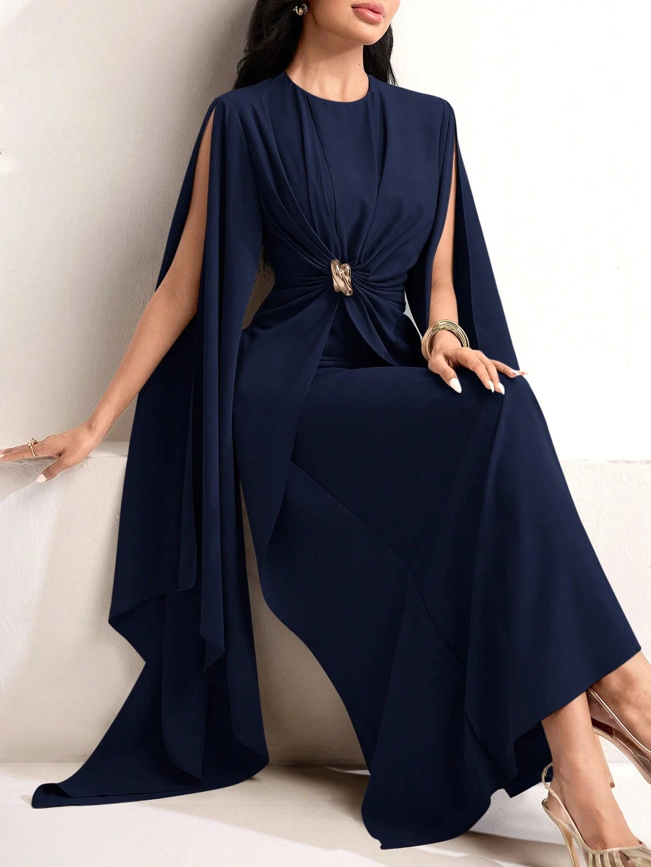 Veilorie Twist, Pleated, Decorated Button, Waist Cinched Elegant Autumn Dress Dinner Sage Green