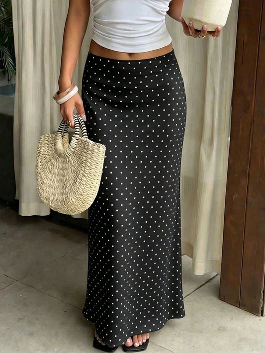 Vellofy Minimalist Black Polka Dot Print Flowy Maxi Dress, Suitable For Graduation, Back To School, Office Commute, Casual Travel, Summer Wear