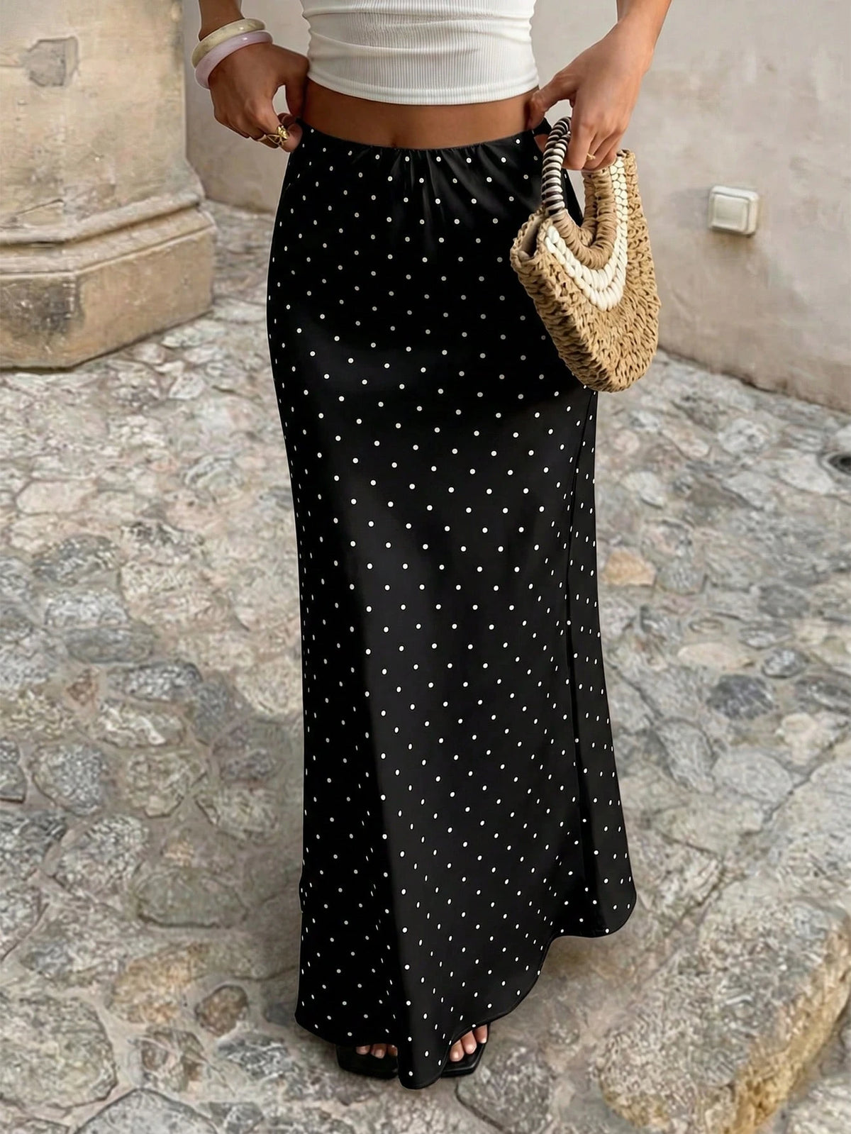 Vellofy Minimalist Black Polka Dot Print Flowy Maxi Dress, Suitable For Graduation, Back To School, Office Commute, Casual Travel, Summer Wear