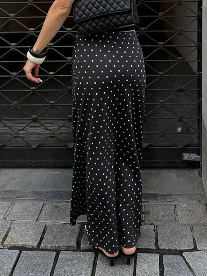 Vellofy Minimalist Black Polka Dot Print Flowy Maxi Dress, Suitable For Graduation, Back To School, Office Commute, Casual Travel, Summer Wear