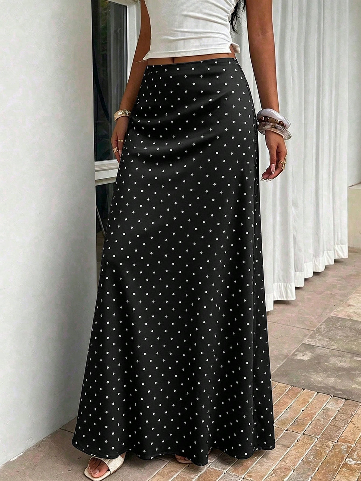 Vellofy Minimalist Black Polka Dot Print Flowy Maxi Dress, Suitable For Graduation, Back To School, Office Commute, Casual Travel, Summer Wear