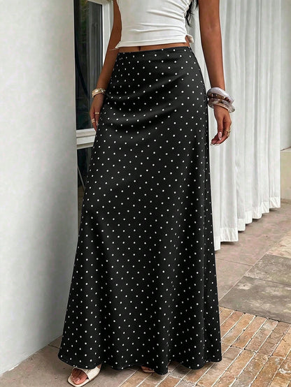 Vellofy Minimalist Black Polka Dot Print Flowy Maxi Dress, Suitable For Graduation, Back To School, Office Commute, Casual Travel, Summer Wear