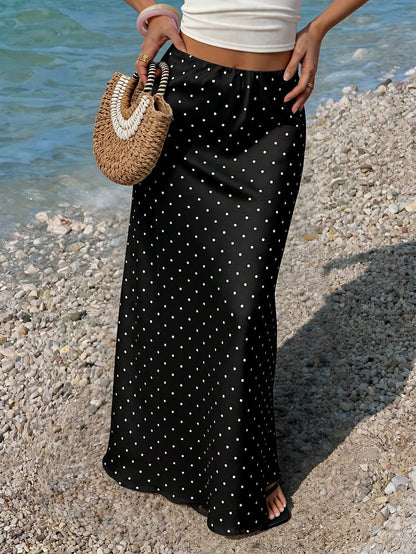 Vellofy Minimalist Black Polka Dot Print Flowy Maxi Dress, Suitable For Graduation, Back To School, Office Commute, Casual Travel, Summer Wear