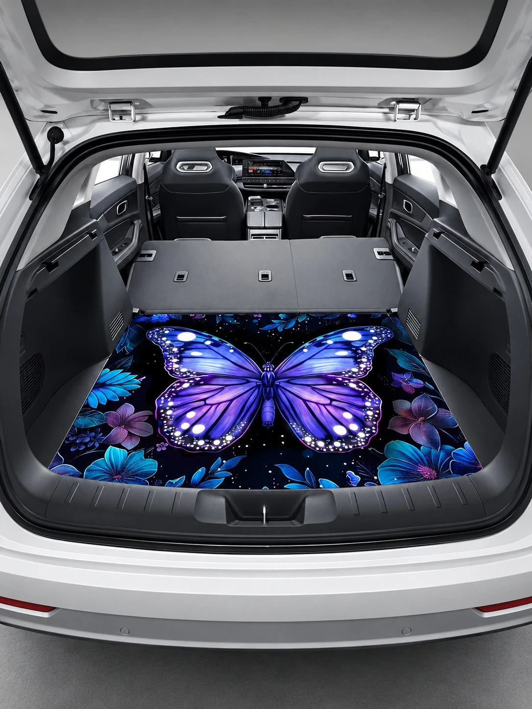 Vibrant Purple Butterfly Floral Print Car Trunk Mat, Universal Non-Slip Wear-Resistant Washable Cargo Liner, Pet-Friendly Trunk Protector, Fashionable Car Interior Accessory, Suitable For All Car Mode