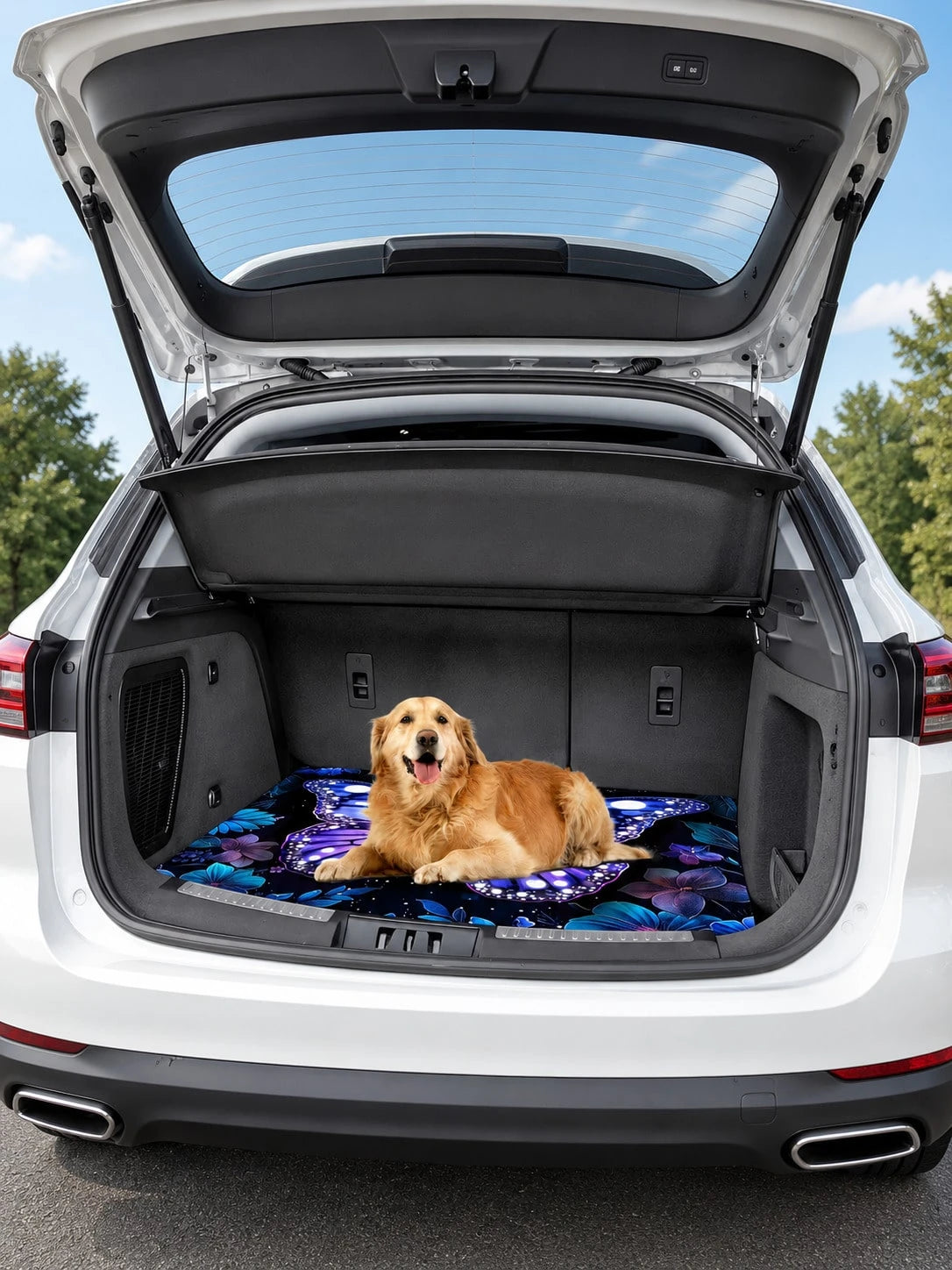Vibrant Purple Butterfly Floral Print Car Trunk Mat, Universal Non-Slip Wear-Resistant Washable Cargo Liner, Pet-Friendly Trunk Protector, Fashionable Car Interior Accessory, Suitable For All Car Mode