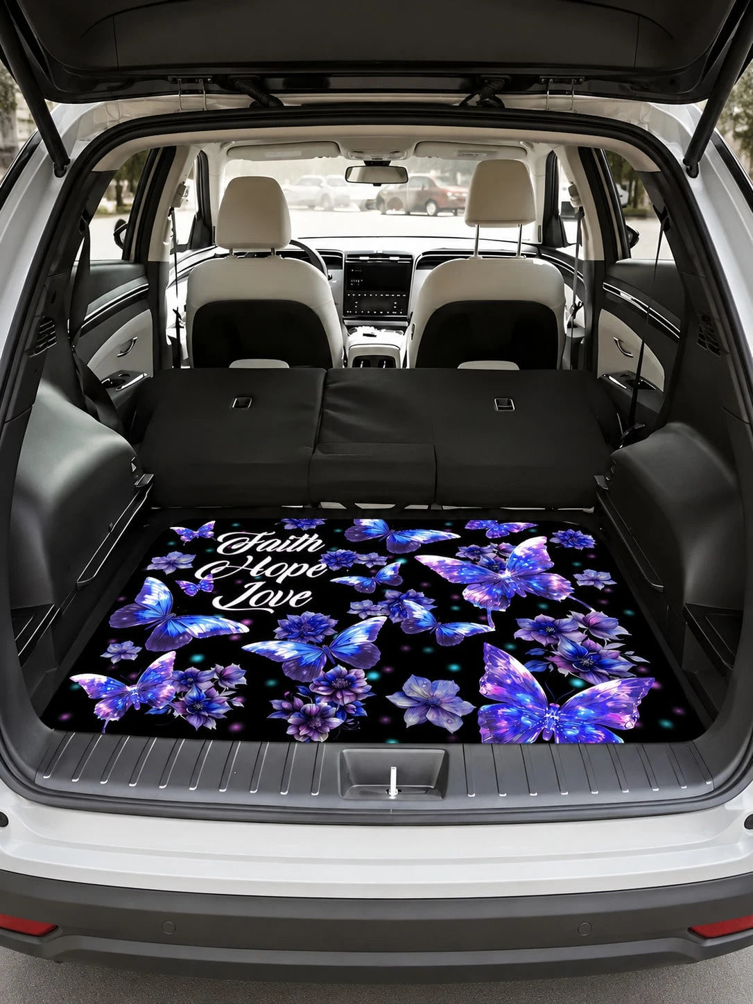Vibrant Purple Butterfly Floral Print Car Trunk Mat, Universal Non-Slip Wear-Resistant Washable Cargo Liner, Pet-Friendly Trunk Protector, Fashionable Car Interior Accessory, Suitable For All Car Mode