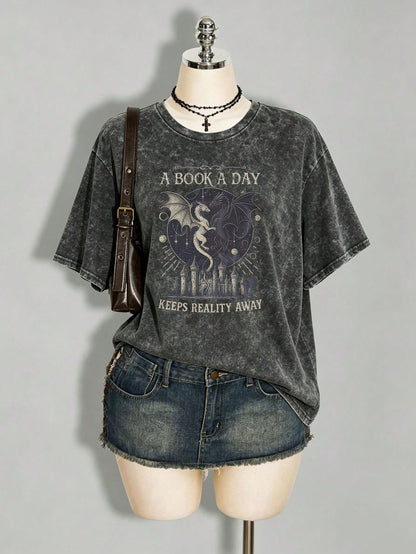 Vintage Book Lover "Book Of The Day" Text Print Short Sleeve T-Shirt, Niche Design Top, Plus Size Women's Casual Cotton T-Shirt Black Summer