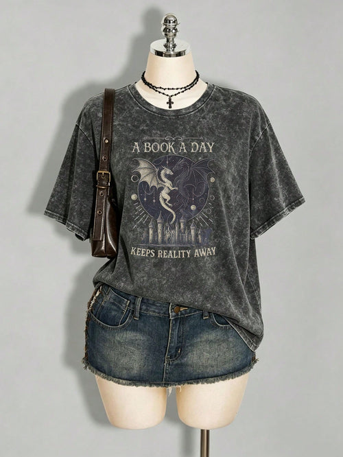 Vintage Book Lover "Book Of The Day" Text Print Short Sleeve T-Shirt, Niche Design Top, Plus Size Women's Casual Cotton T-Shirt Black Summer