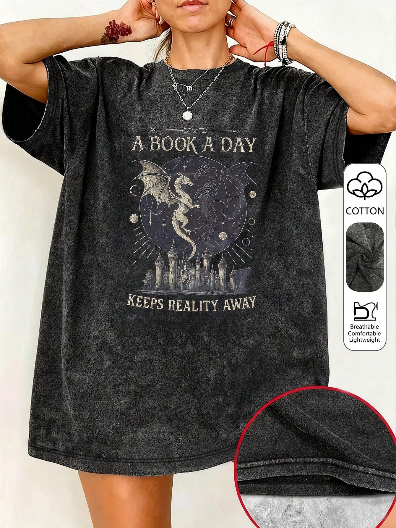 Vintage Book Lover "Book Of The Day" Text Print Short Sleeve T-Shirt, Niche Design Top, Plus Size Women's Casual Cotton T-Shirt Black Summer