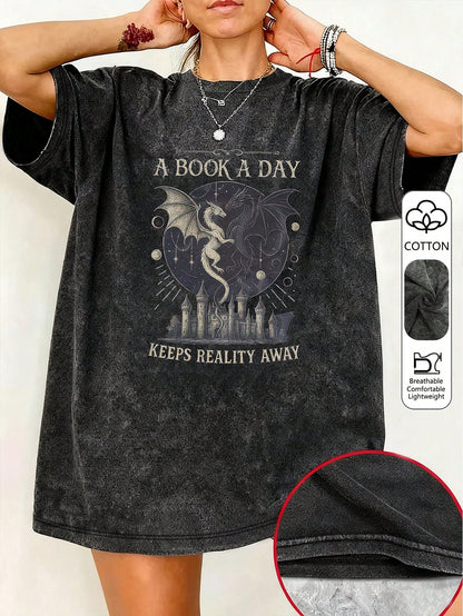 Vintage Book Lover "Book Of The Day" Text Print Short Sleeve T-Shirt, Niche Design Top, Plus Size Women's Casual Cotton T-Shirt Black Summer