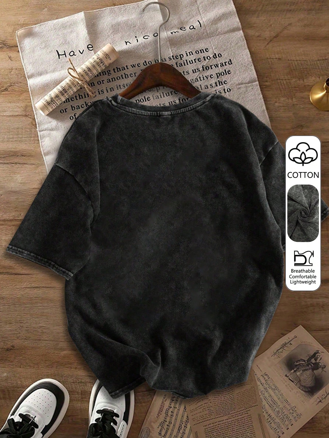 Vintage Book Lover "Book Of The Day" Text Print Short Sleeve T-Shirt, Niche Design Top, Plus Size Women's Casual Cotton T-Shirt Black Summer