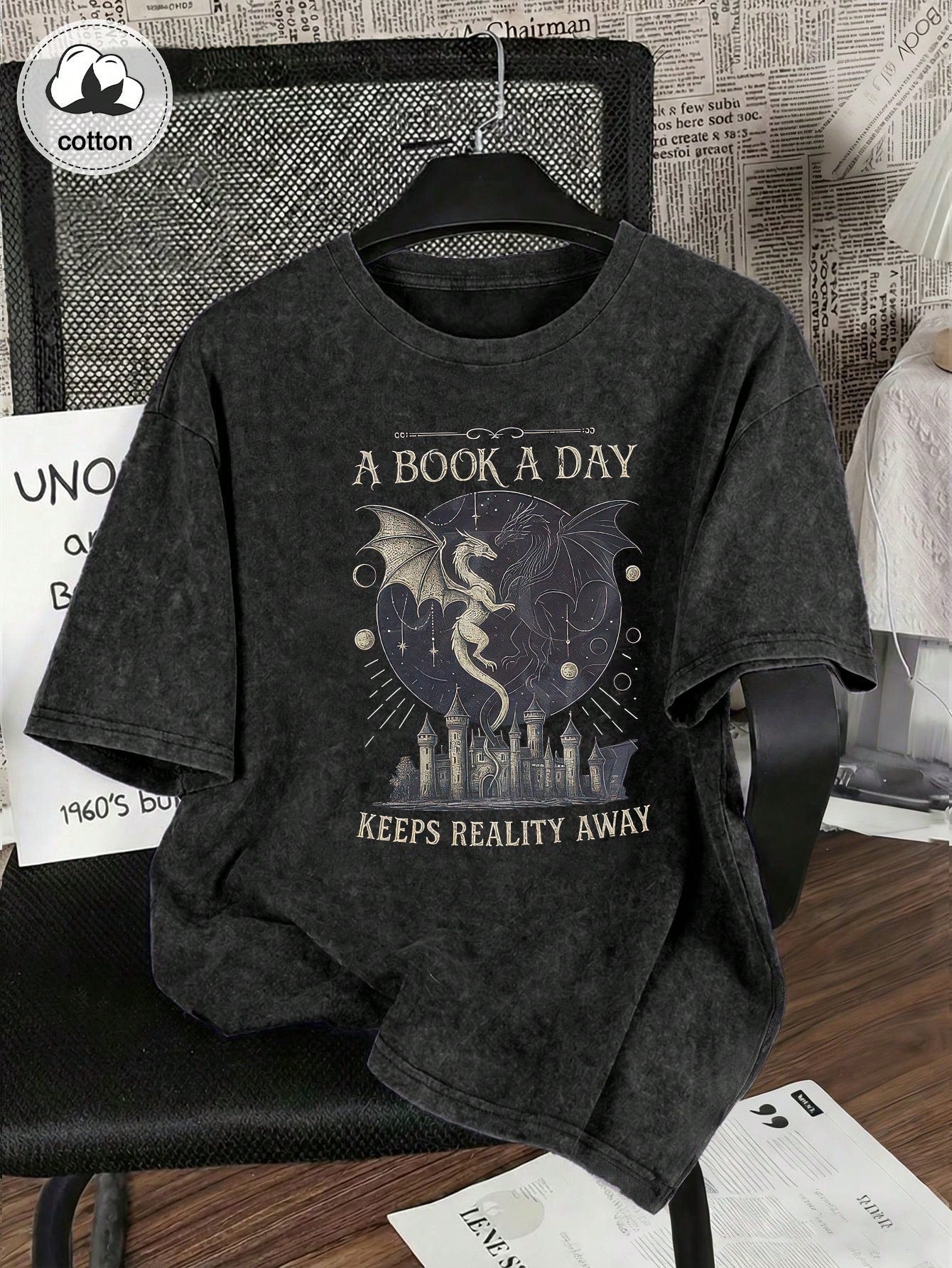 Vintage Book Lover "Book Of The Day" Text Print Short Sleeve T-Shirt, Niche Design Top, Plus Size Women's Casual Cotton T-Shirt Black Summer