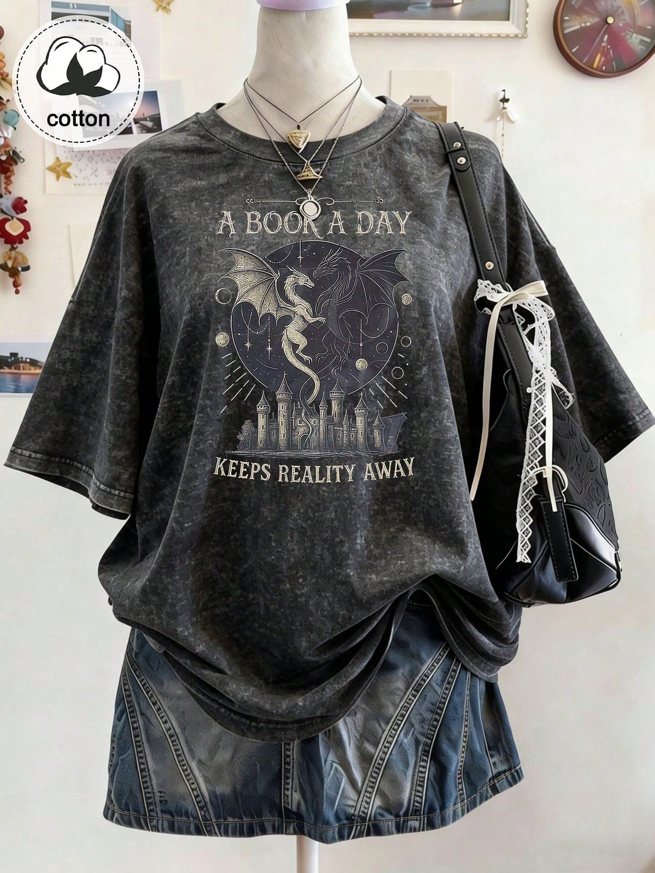 Vintage Book Lover "Book Of The Day" Text Print Short Sleeve T-Shirt, Niche Design Top, Plus Size Women's Casual Cotton T-Shirt Black Summer