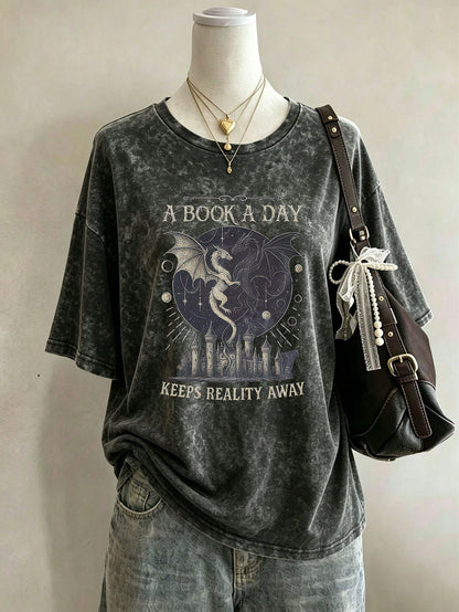 Vintage Book Lover "Book Of The Day" Text Print Short Sleeve T-Shirt, Niche Design Top, Plus Size Women's Casual Cotton T-Shirt Black Summer