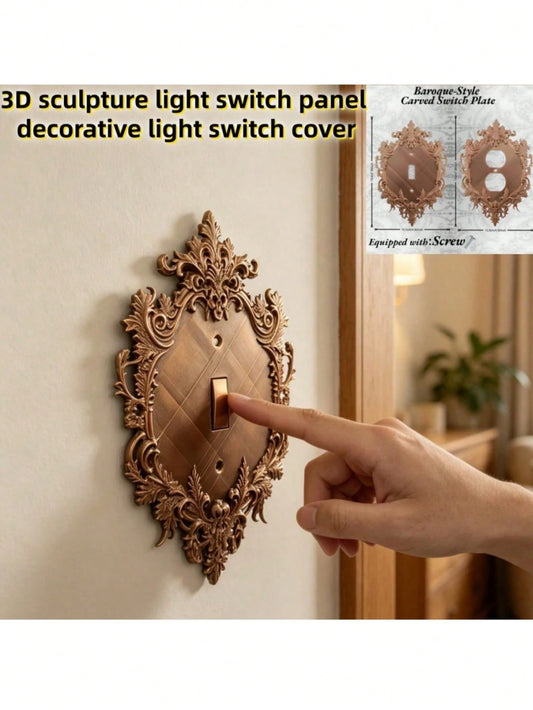Vintage Design 1-Piece Gothic Victorian Switch Panel, Single/Double Hole. 3D Carved Champagne Gold/Black European Style Wall Switch Decorative Panel, 3D Sculpted Light Switch Panel, Decorative Light S
