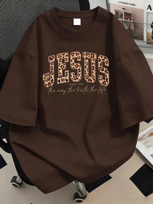 Vintage Leopard Print Jesus Faith Pattern Round Neck T-Shirt, Plus Size Women's Casual Summer Top, Fashion Print Short Sleeve. Suitable For Summer Vacation, Beach Vacation, Spring Wear, Valentine's Da