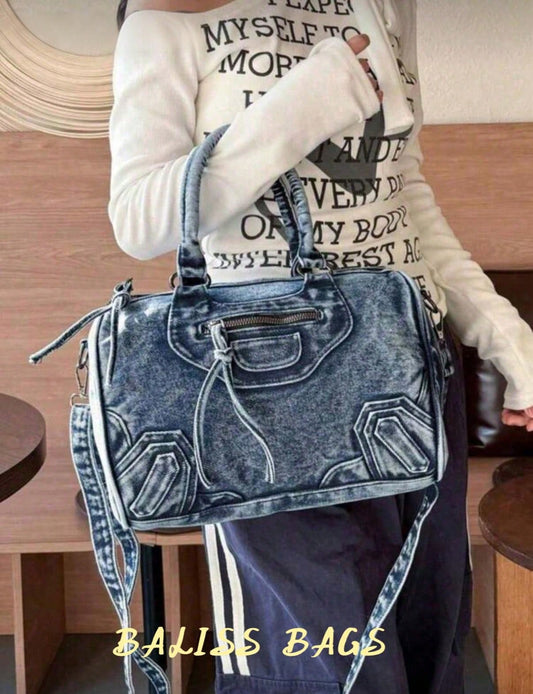 Vintage Washed Denim Boston Handbag For Women, Retro Stitched Patch Large Capacity Duffle Bag, Detachable Wide Strap Crossbody Shoulder Bag, Stylish D