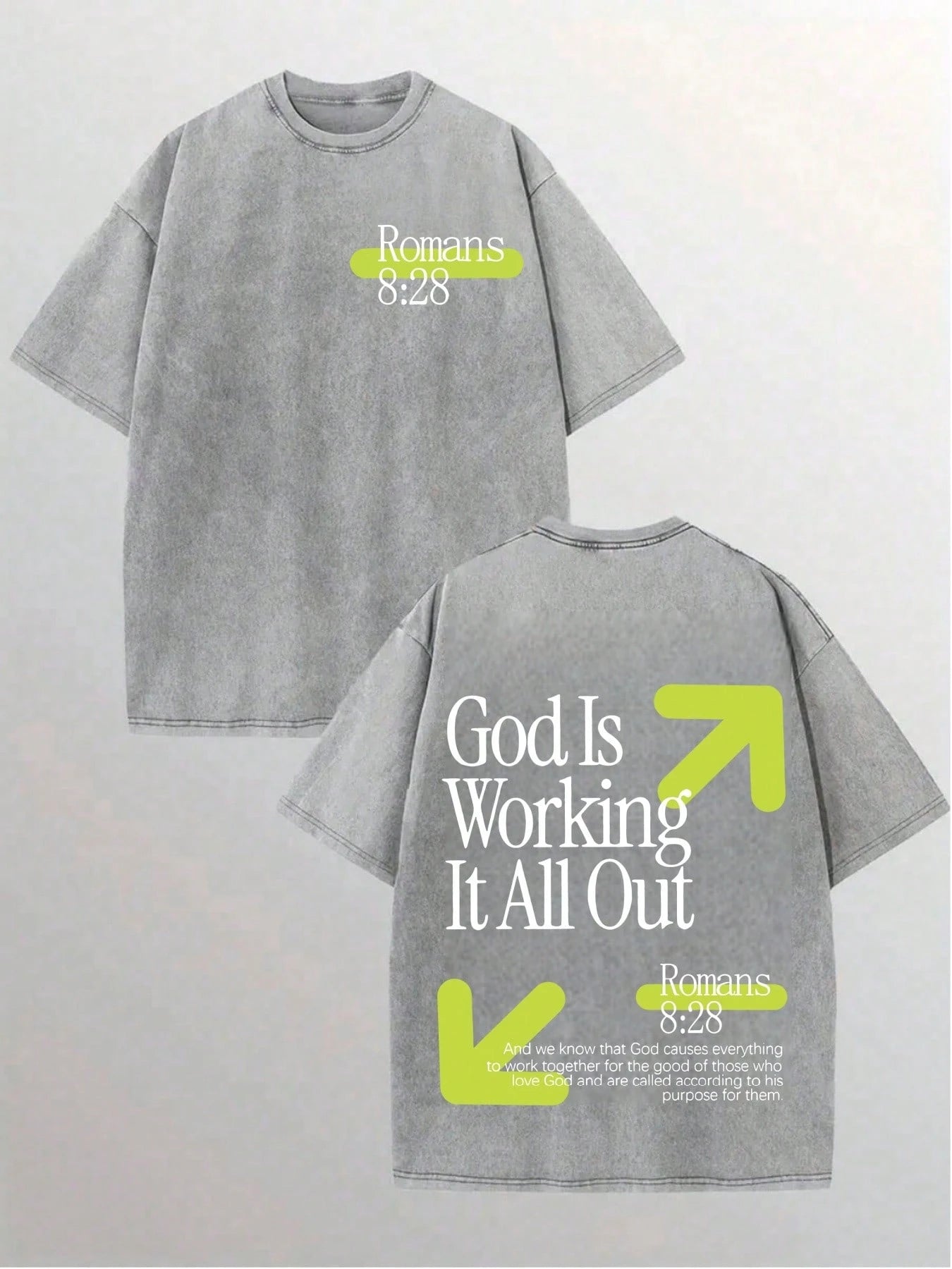 Vintage Washed T-Shirt Double Sided Printed (230 Pure Cotton T-Shirt) God Is Working It All Out Romans Graphic, Comfortable, Fashionable T-Shirt