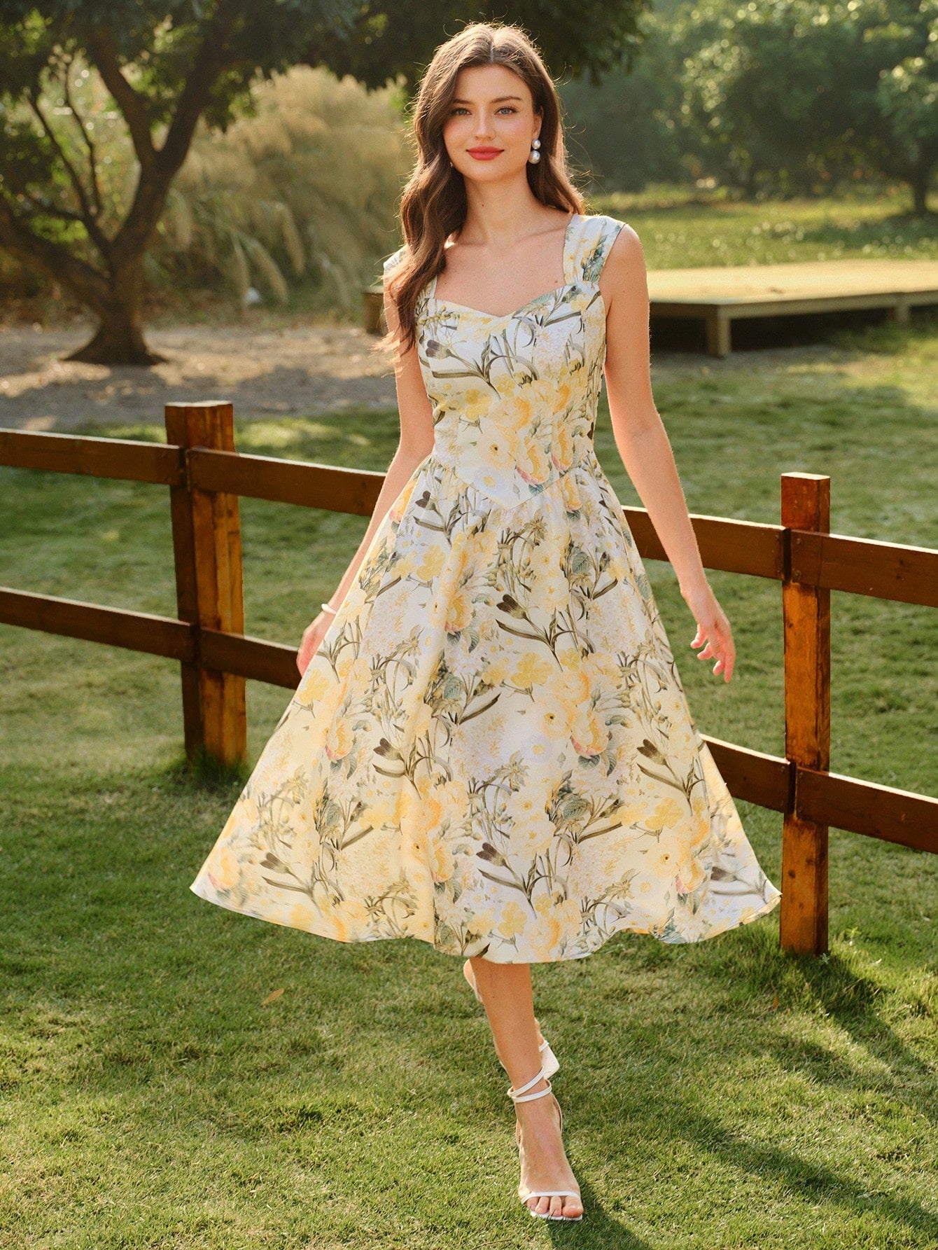 Vintamour Vintage Elegant Women's Dress With Pockets, Floral Print Heart Neck White Summer Wedding Picnic Vacation Casual Guest Formal Party Graduation Ceremony