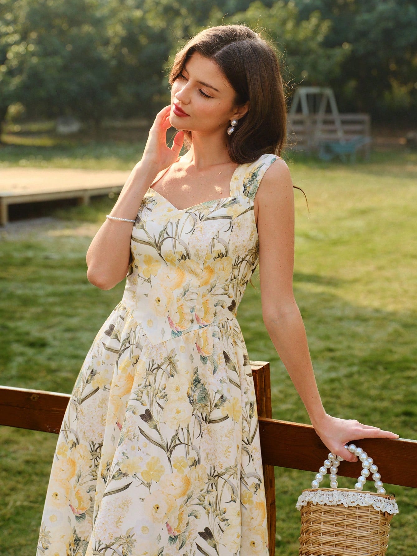 Vintamour Vintage Elegant Women's Dress With Pockets, Floral Print Heart Neck White Summer Wedding Picnic Vacation Casual Guest Formal Party Graduation Ceremony
