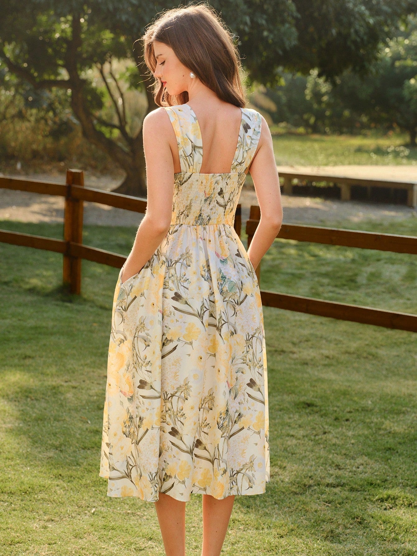 Vintamour Vintage Elegant Women's Dress With Pockets, Floral Print Heart Neck White Summer Wedding Picnic Vacation Casual Guest Formal Party Graduation Ceremony