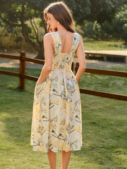 Vintamour Vintage Elegant Women's Dress With Pockets, Floral Print Heart Neck White Summer Wedding Picnic Vacation Casual Guest Formal Party Graduation Ceremony