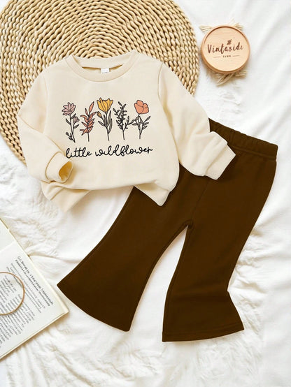 Vintaside Kids 2pcs Baby Girl Set, Floral Letter Print Crew Neck Long Sleeve Sweatshirt And Rabbit Print Flare Pants, Cute Casual For Autumn/Winter Outings Vacation