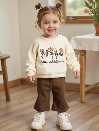 Vintaside Kids 2pcs Baby Girl Set, Floral Letter Print Crew Neck Long Sleeve Sweatshirt And Rabbit Print Flare Pants, Cute Casual For Autumn/Winter Outings Vacation