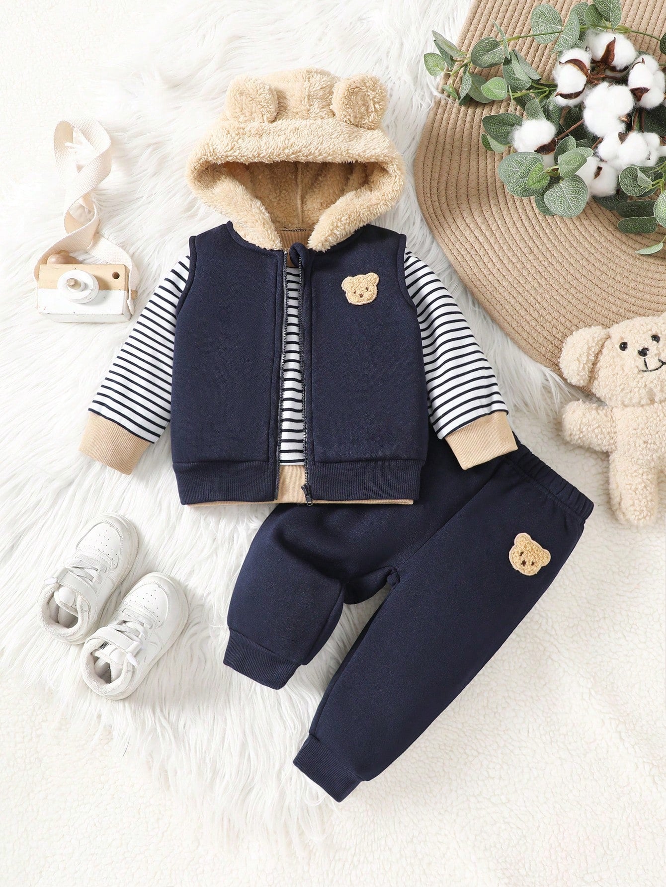 Vintaside Kids 3pcs/Set Baby Boys Black And White Crew Neck Sweatshirt Bear Patch Zip-Up Hooded Vest JacketPants Navy Blue Autumn Matching Family Outfit