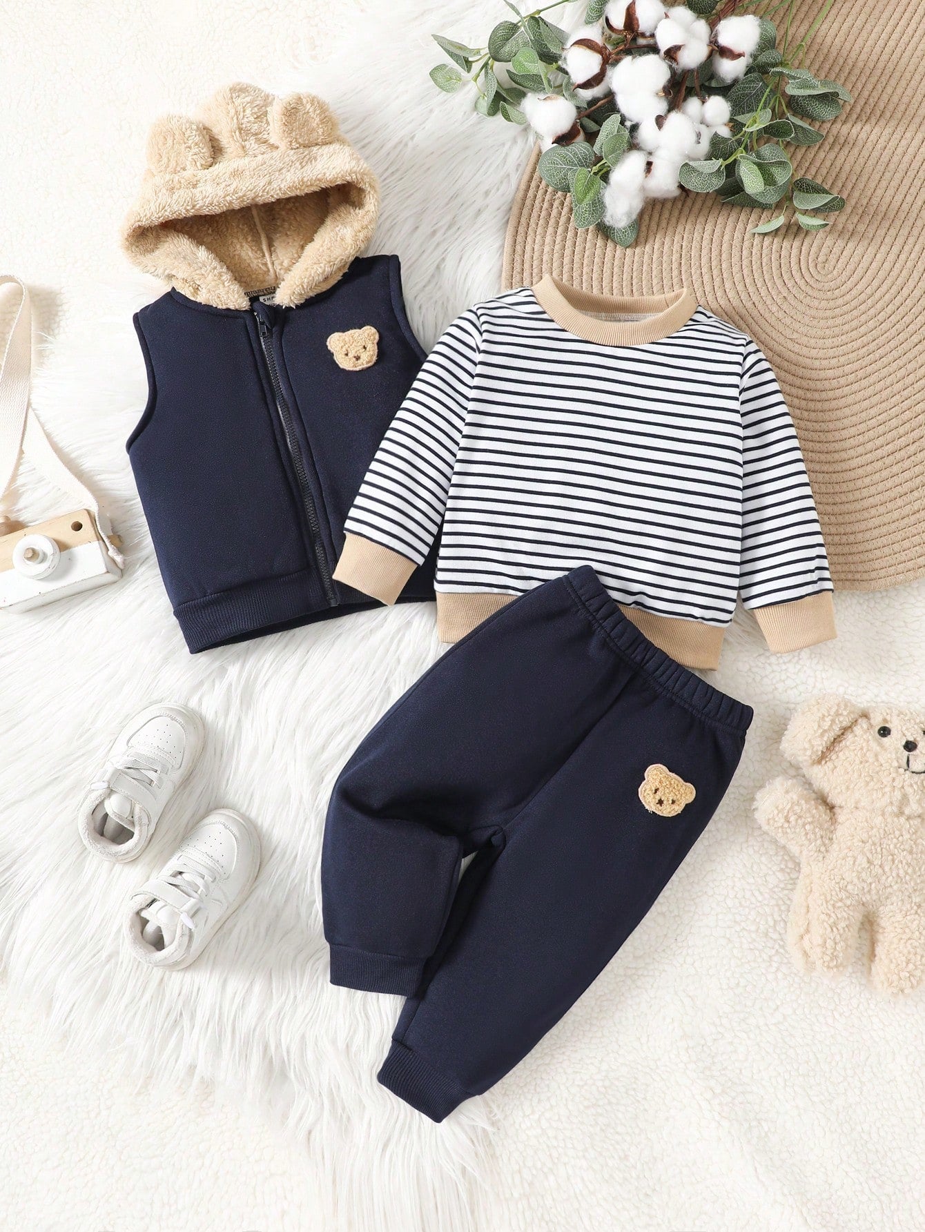 Vintaside Kids 3pcs/Set Baby Boys Black And White Crew Neck Sweatshirt Bear Patch Zip-Up Hooded Vest JacketPants Navy Blue Autumn Matching Family Outfit