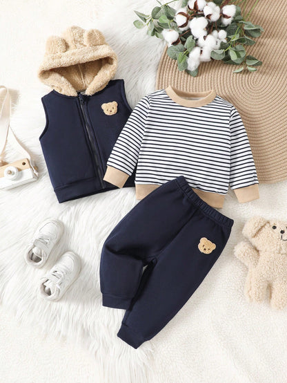 Vintaside Kids 3pcs/Set Baby Boys Black And White Crew Neck Sweatshirt Bear Patch Zip-Up Hooded Vest JacketPants Navy Blue Autumn Matching Family Outfit