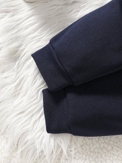 Vintaside Kids 3pcs/Set Baby Boys Black And White Crew Neck Sweatshirt Bear Patch Zip-Up Hooded Vest JacketPants Navy Blue Autumn Matching Family Outfit