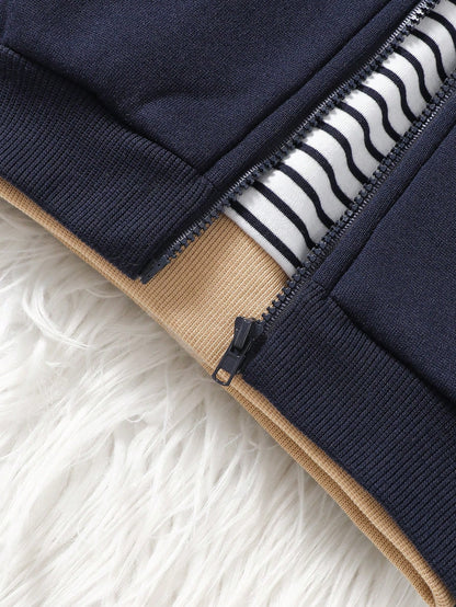 Vintaside Kids 3pcs/Set Baby Boys Black And White Crew Neck Sweatshirt Bear Patch Zip-Up Hooded Vest JacketPants Navy Blue Autumn Matching Family Outfit