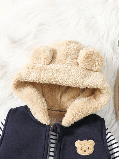 Vintaside Kids 3pcs/Set Baby Boys Black And White Crew Neck Sweatshirt Bear Patch Zip-Up Hooded Vest JacketPants Navy Blue Autumn Matching Family Outfit