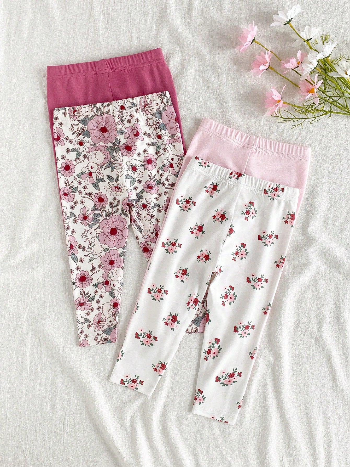 Vintaside Kids 4 Piece Set Baby/Toddler Girl Casual All-Match Minimalist Versatile Comfortable Soft Skin-Friendly Black & White Striped, Pink, Apricot Solid Color Leggings Pants, High Cost-Perfo