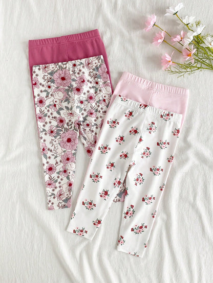 Vintaside Kids 4 Piece Set Baby/Toddler Girl Casual All-Match Minimalist Versatile Comfortable Soft Skin-Friendly Black & White Striped, Pink, Apricot Solid Color Leggings Pants, High Cost-Perfo