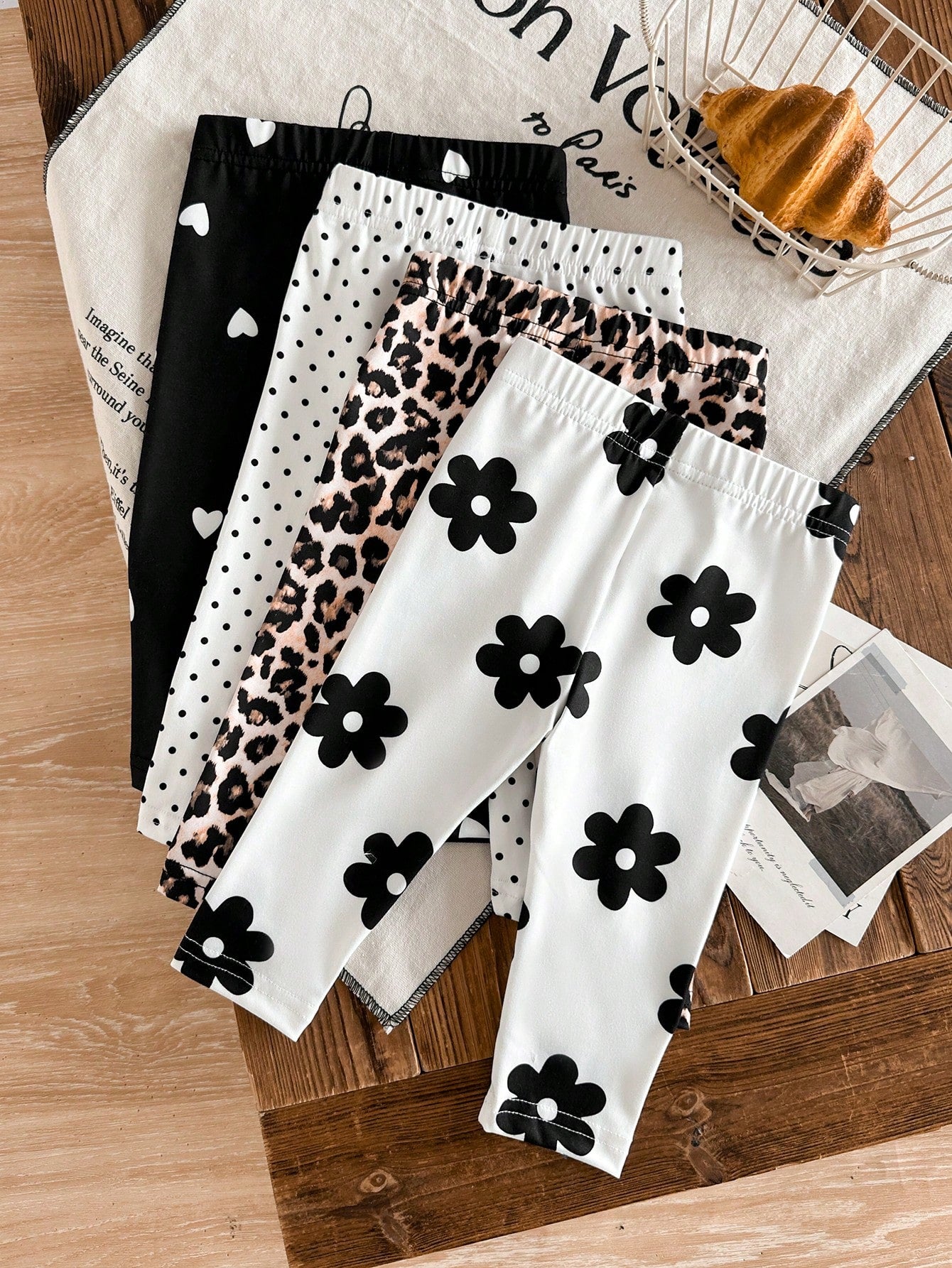 Vintaside Kids 4 Piece Set Baby/Toddler Girl Casual All-Match Minimalist Versatile Comfortable Soft Skin-Friendly Black & White Striped, Pink, Apricot Solid Color Leggings Pants, High Cost-Perfo