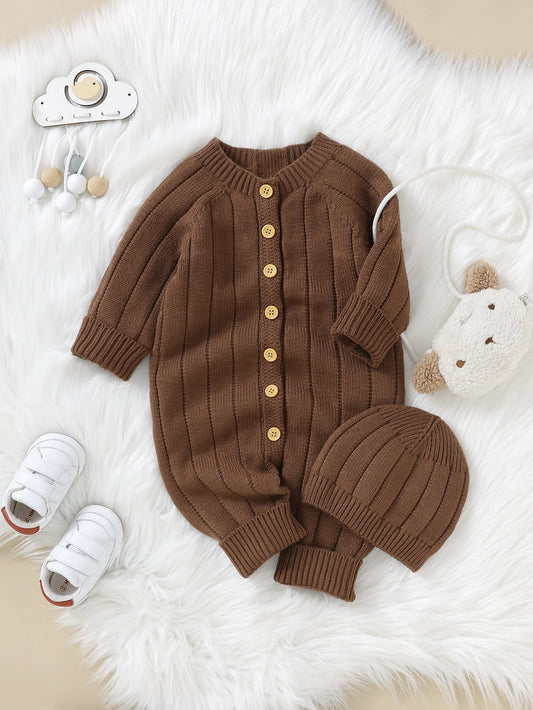 Vintaside Kids Baby Boy Button Front Raglan Sleeve Knit Jumpsuit & Hat