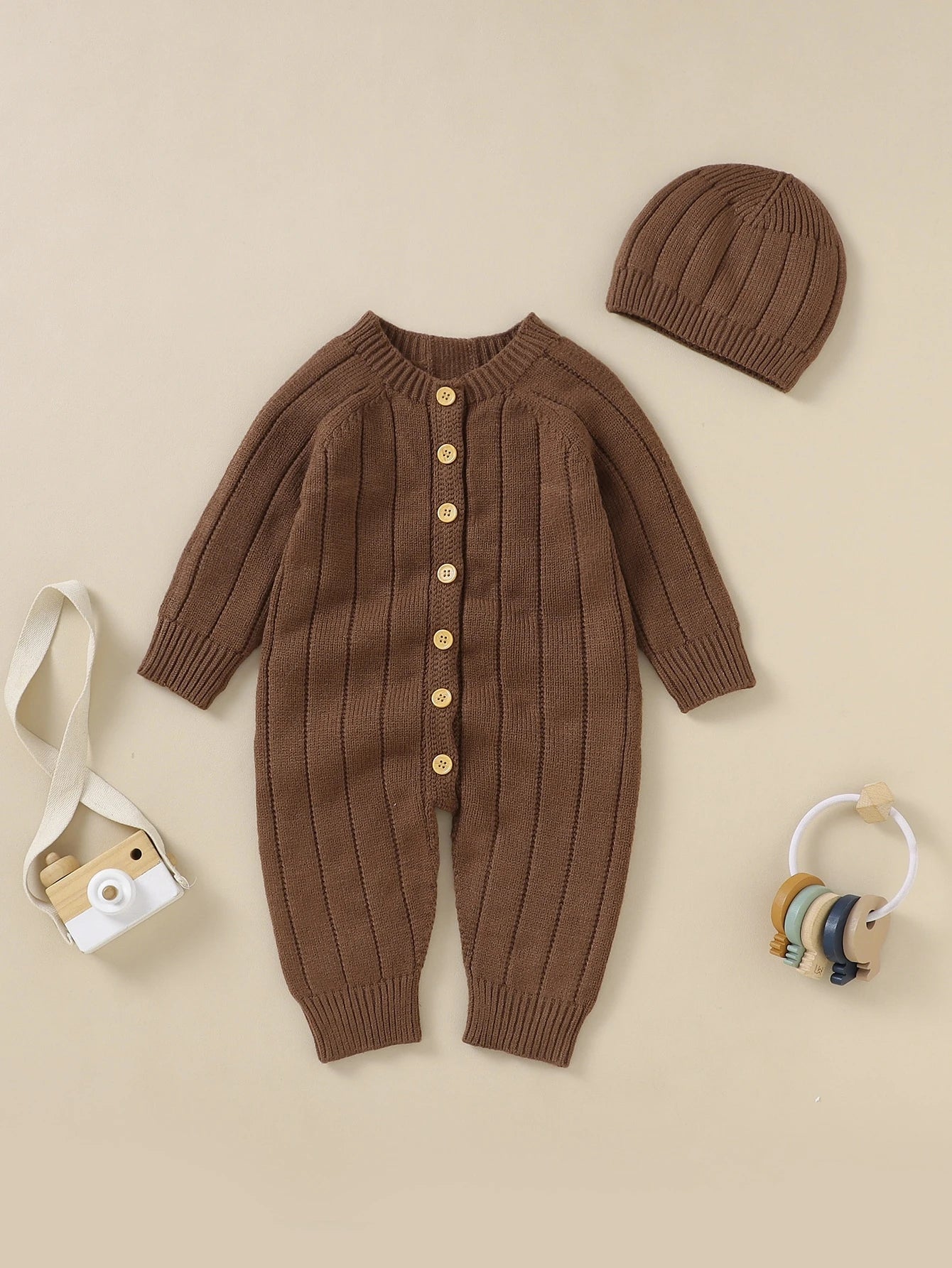 Vintaside Kids Baby Boy Button Front Raglan Sleeve Knit Jumpsuit & Hat