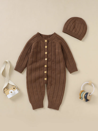 Vintaside Kids Baby Boy Button Front Raglan Sleeve Knit Jumpsuit & Hat