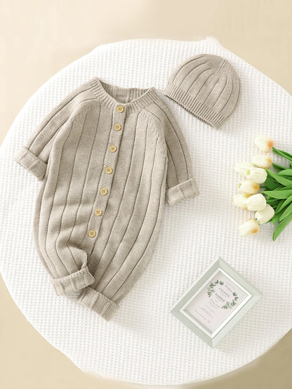 Vintaside Kids Baby Boy Button Front Raglan Sleeve Knit Jumpsuit & Hat