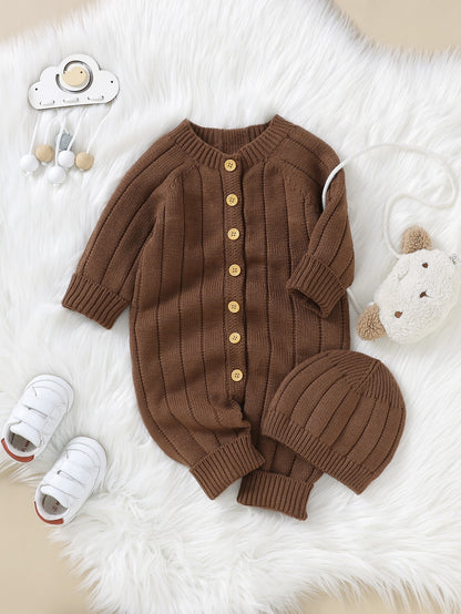 Vintaside Kids Baby Boy Button Front Raglan Sleeve Knit Jumpsuit & Hat
