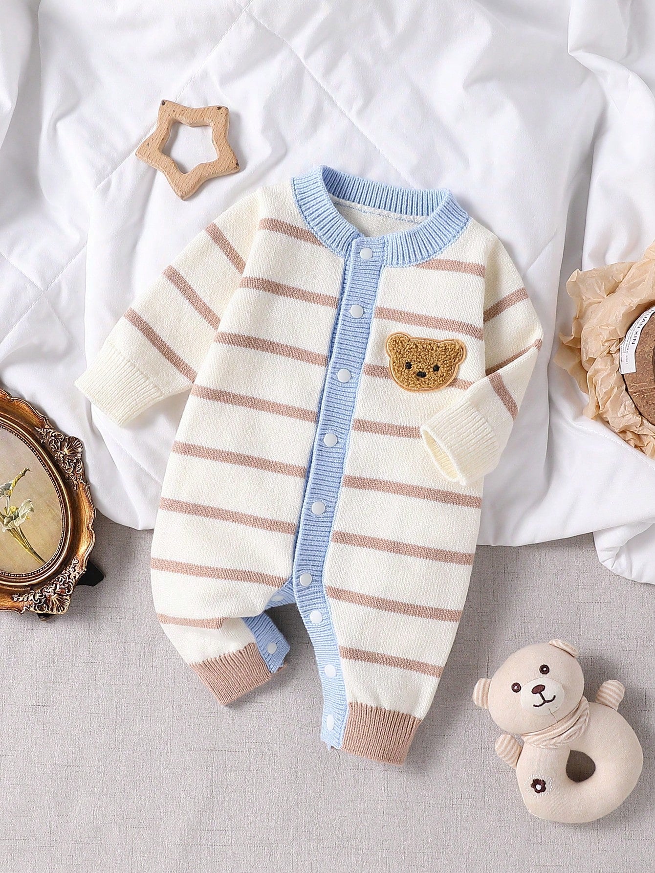 Vintaside Kids Baby Boy Cute White Autumn Colorblock Striped Knitted Jumpsuit,Newborn Unisex Baby Clothes For Holiday Fashionable Versatile Infant Romper Clothing